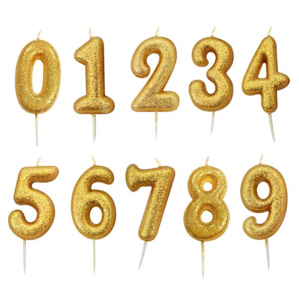 Kultainen numerokakkukynttilä glitterillä.