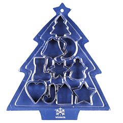 Jouluiset keksi- ja piparimuotit. 10 erilaista jouluteemaista muottia kuusen muotoisessa pakkauksessa.