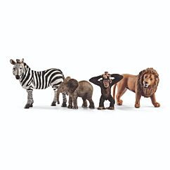 Schleich villieläin-setti, sisältää neljä eläintä: leijona, seepra, simpanssi ja norsunpoikanen.