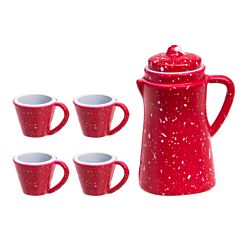 Punainen kahviastiasto tonttuovelle, nukkekotiin tai miniatyyrimaailmaan. Irrallinen kansi.