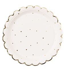Pahvilautaset - Valkoinen, kultaiset pilkut, 23cm, 8kpl