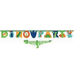 Isokokoinen dinosaurus-banneri, tekstillä "DinoParty" sekä dinosaurus banneri "Happy Birthday"