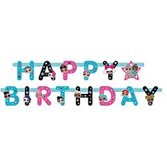 LOL Suprise kirjainviirinauha tekstillä "Happy Birthday" ja LOL hahmoilla.