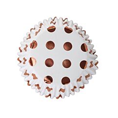 Valkoiset folioidut PME:n muffinssivuoat ruusukultaisilla pilkuilla, 30 kpl. Polka dots.