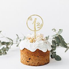 Kulta-glitteri kakkukoriste tekstillä "one".