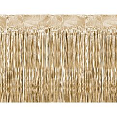 Metallinhohtoinen kultainen taustaverho. Koko 90 x 250 cm.