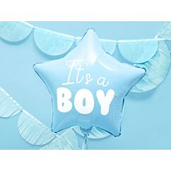 Vaaleansininen tähti foliopallo "It´s a boy", halkaisija 48 cm.