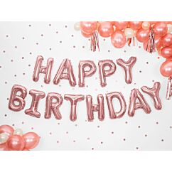 Ruusukultainen "Happy Birthday"-muotoinen foliopallo.
