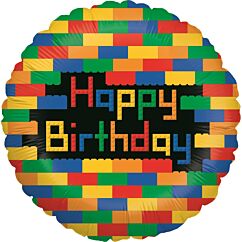 Pyöreä foliopallo palikkateemalla, jossa teksti "Happy Birthday". Koko 46 cm.