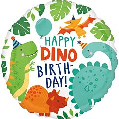 Dinosaurus-aiheinen foliopallo, tekstillä "Happy Dino Birthday!"