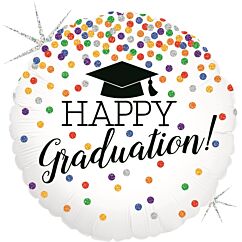 Pyöreä foliopallo, jossa teksti "Happy Graduation!" ja glitter-yksityiskohdat. Koko 46 cm.