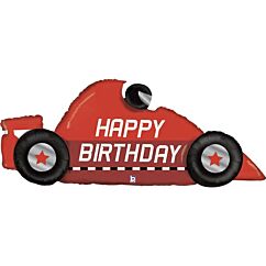 Kilpa-auto-muotoinen foliopallo, jossa teksti "Happy Birthday". Koko 142 cm.