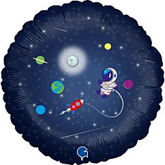 Pyöreä foliopallo avaruusteemalla, jossa teksti "Space Birthday". Koko 46 cm.