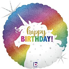Pyöreä, sateenkaarivärinen foliopallo yksisarvisen kuvalla ja tekstillä "Happy Birthday". Koko 46 cm.