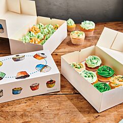 Valkoinen ikkunallinen muffinilaatikko muffinikuviolla jossa on paikkaa 6:lle muffinille (tai 15 mini-muffineita), 3 laatikkoa.