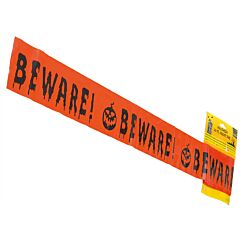 Oranssinvärinen Halloween varoitusnauha kurpitsan kuvalla ja tekstillä "Beware!".