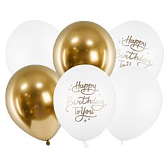 Ilmapallosetti, Valko/Kulta, Happy Birthday - 6kpl