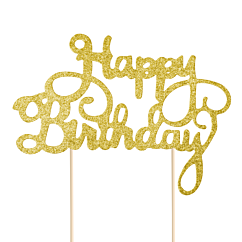 Kulta-glitteri kakkukoriste "Happy Birthday".
