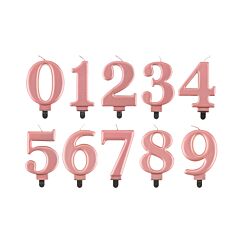 Iso ruusukultainen metallinhohtoinen numerokakkukynttilä.