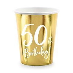 Kultaiset pahvimukit 50-vuotisjuhliin, tekstillä "50th Birthday!"