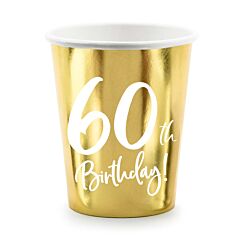 Kultaiset pahvimukit 60-vuotisjuhliin, tekstillä "60th Birthday!"