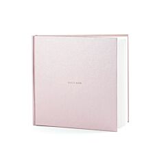 Kaunis helmiäis-vaaleanpunainen vieraskirja rusetilla.