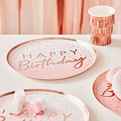 Isot vaaleanpunaiset kertakäyttölautaset ruusukultaisella tekstillä "Happy Birthday", 8 kpl.