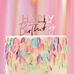 Akryylinen ruusukultainen kakkukoriste "Happy Birthday".