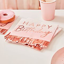 Vaaleanpunaiset servetit #Happy Birthday" ruusukultaisilla hapsuilla, 16 kpl