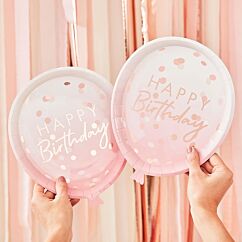 Isot ilmapallonmuotoiset  vaaleanpunaiset kertakäyttölautaset ruusukultaisella tekstillä "Happy Birthday", 8 kpl.