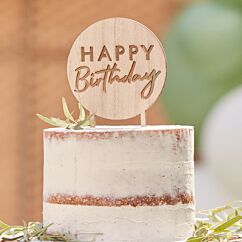 Pyöreä puinen kakkukoriste - Happy Birthday