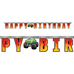 Monster truck banneri, tekstillä "Happy Birthday", monsteriautoaiheiseen syntymäpäiväjuhlaan. 2 metriä