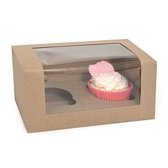Pahvista tehty ikkunallinen muffinilaatikko jossa on paikkaa 2:lle muffineille. Pakkauksessa 3 laatikkoa.