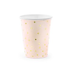 Pahvimukit vaaleanpunaiset kultaisilla pilkuilla.