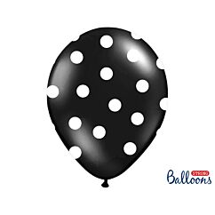 Mustat ilmapallot isoilla valkoisilla pilkuilla, 30 cm, 6 kpl.