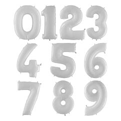 Valkoiset kiiltävät numerofoliopallot 0-9. Valitse haluamasi numeron. 