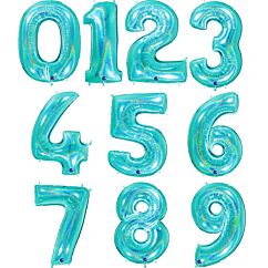 Turkoosi-hologrammi numerofoliopallot 0-9. Valitse haluamasi numeron. 