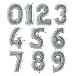 Hopeiset hologrammi numerofoliopallot 0-9. Valitse haluamasi numeron. 