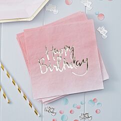Vaaleanpunaiset servetit kultaisilla tekstillä "Happy Birthday", 20 kpl.
