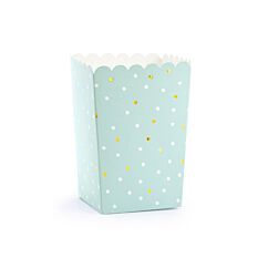 Ihanat vaalean mintunväriset popcorn rasiat, kultaisilla ja valkoisilla pilkuilla. Pakkaus sisältää 6 kpl.