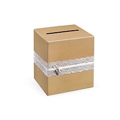 Pahvinen laatikko korteille tai lahjarahoille, jossa on pitsikoriste.