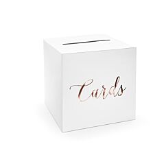 Laatikko korteille jossa lukee Cards ruusukultaisella tekstillä