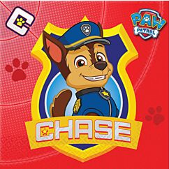 Ryhmä Hau (Paw Patrol) -aiheiset lautasliinat, Vainu, Samppa, Kaja ja Rollen kuvalla.
