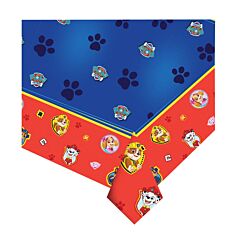 Ryhmä Hau (Paw Patrol) -aiheinen muovinen pöytäliina; Vainu, Samppa, Kaja ja Rollen kuvalla.