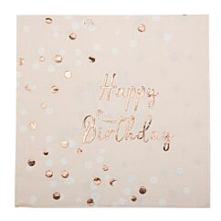 Ihanat kukalliset lautasliinat jossa lukee ruusukullanvärisellä tekstillä "Happy Birthday", 16 kpl. Ditsy Floral juhlateema.