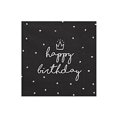 Mustat servetit, lautasliinat valkoisilla pilkuilla, tekstillä Happy Birthday.

