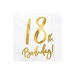 Servetit 18-vuotisjuhliin! Valkoiset, kulta-metallinhohtoisella tekstillä "18th Birthday!"


