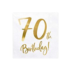 Servetit 70-vuotisjuhliin! Valkoiset, kulta-metallinhohtoisella tekstillä "70th Birthday!"