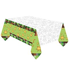 Videopeli-teemainen pöytäliina pikseli-kuviolla. Minecraft synttärit.
