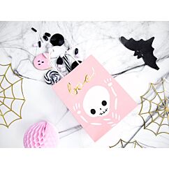 Vaaleanpunaiset lahjakassit luurangon kuviolla, 6 kpl. Halloween.